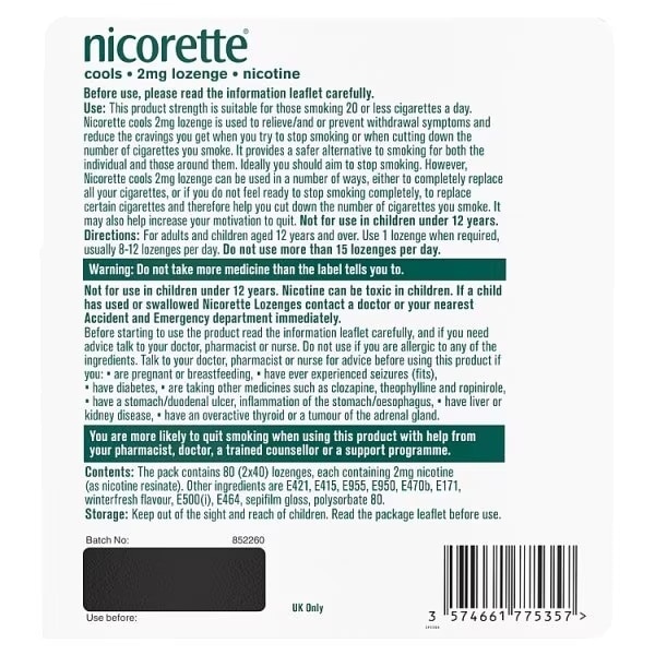Nicorette Lozenge Mint 2mg 80s