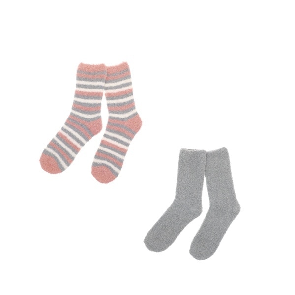 Fluffy Socks Twin Pack - Grey and Pink Stripe