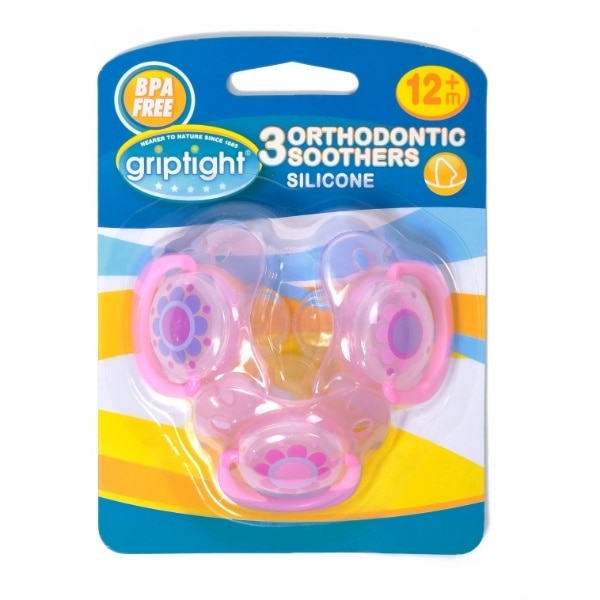 Griptight  12+ Decorated Ortho Soothers Pink