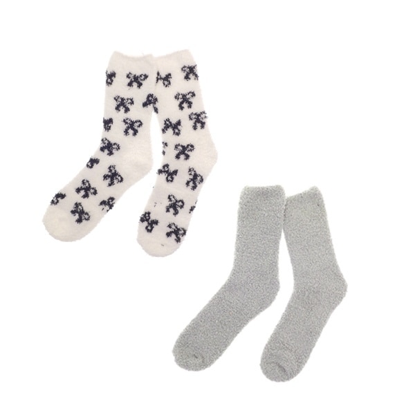 Fluffy Socks Twin Pack  - Dark Grey and White Bow