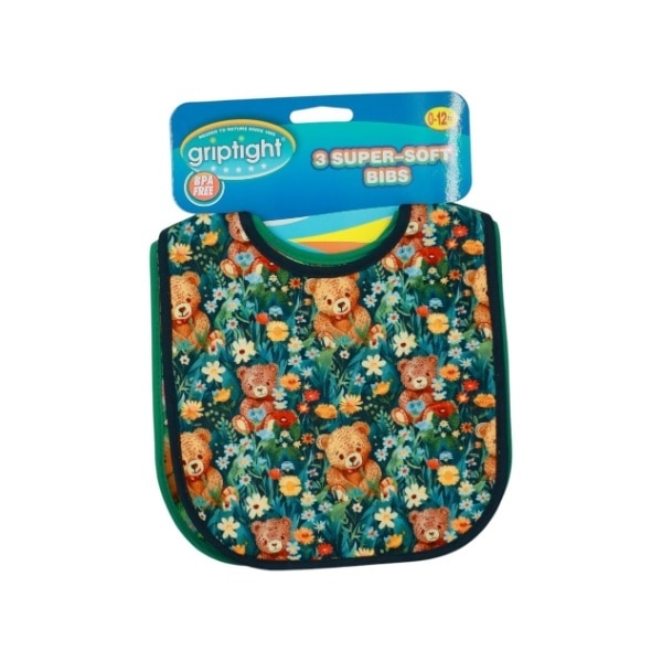 Griptight Printed Green Bear Bibs 3 Pack