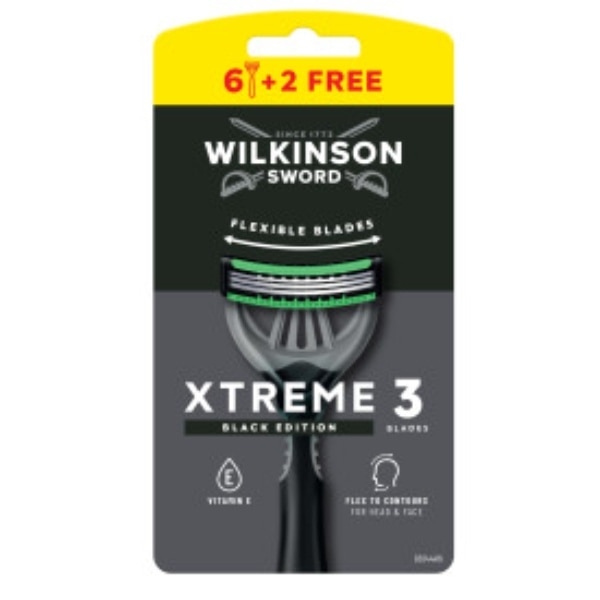 Wilkinson Sword Xtreme 3 Black  Disposable Razor 6+2 Pack