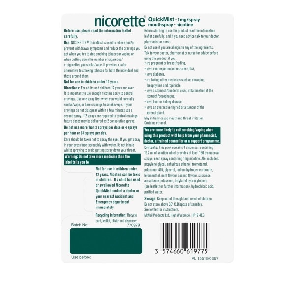 Nicorette Quickmist  Freshmint  Mouthspray 1mg