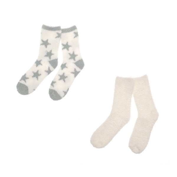 Fluffy Socks Twin Pack - White and Grey Stars