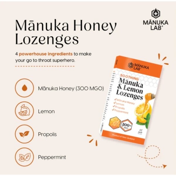 Manuka Honey & Propolis Lozenges Lemon & Peppermint 12 Pack