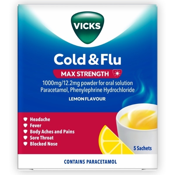 Vicks Cold & Flu Max Powder Lemon 5Ct